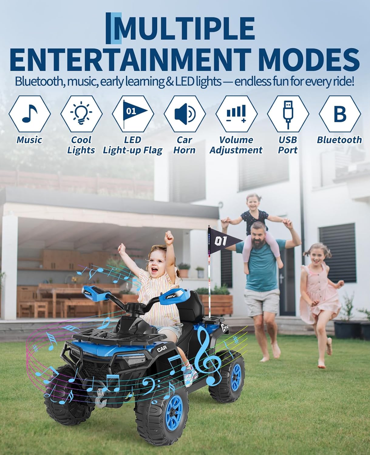 Garvee Quad Eléctrico Niño 12 V, Coche Eléctrico 4 Ruedas Todoterreno con 2 Motores, Mando a Distancia Parental, Suspensión, Faros LED, Música, Bluetooth, USB, Bandera Luminosa, a Partir de 3 años