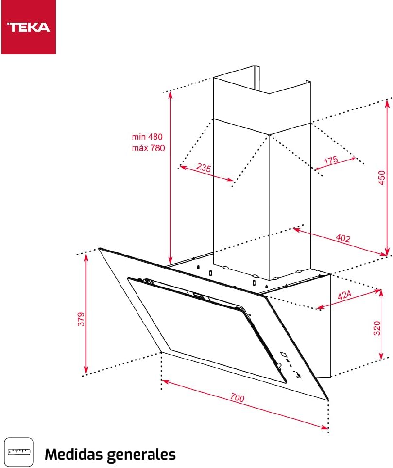 TEKA Campana Extractora de Pared 70 cm, Motor Doble EcoPower, Aspiración Perimetral, 3+1 Velocidades Fresh Air Aspiración 98m3 Ruido 61dB 2 LED DVT 78660 TBS