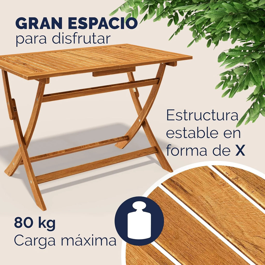 CASARIA® FSC® Outdoor Garden Table Set of 4 Chairs Acacia Wood Dining Set Patio Terrace Balcony Set 5 Pieces Folding Table Seats Armrests Durable Weather Resistant 120 x 70 cm