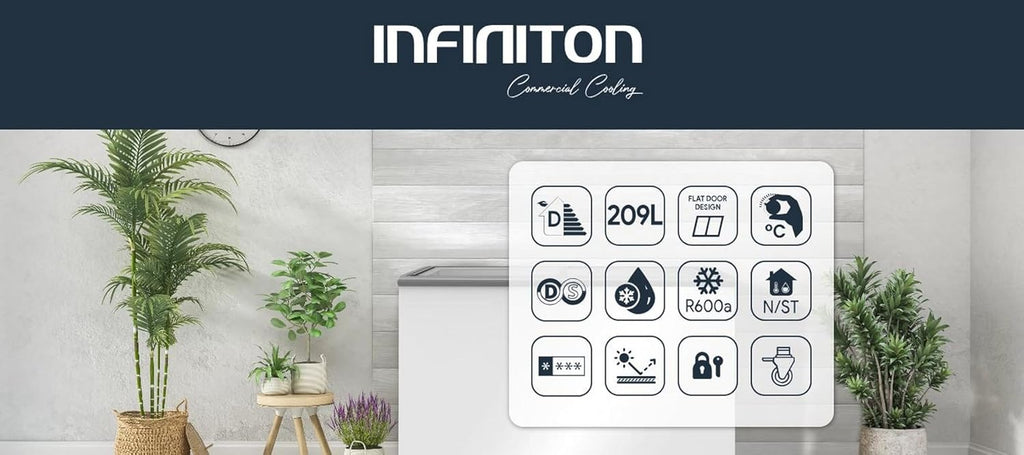 INFINITON Arcon Congelador Industrial FCH-209CC82WEC, 209 Litros, Puerta con diseño Flat door design, Control de temperatura Mecánico, D, Ruedas, Cierre de seguridad con llave
