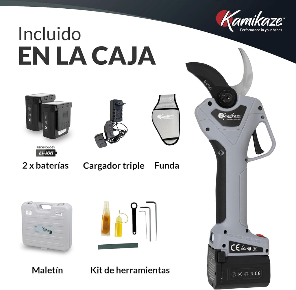 KAMIKAZE KV390 Tijera Eléctrica de Poda Profesional con Batería de Litio 21,6V, Ø35mm de Corte, 2 Baterías y Cargador Triple, Pantalla Inteligente, Kit de Mantenimiento y Maletín de Transporte