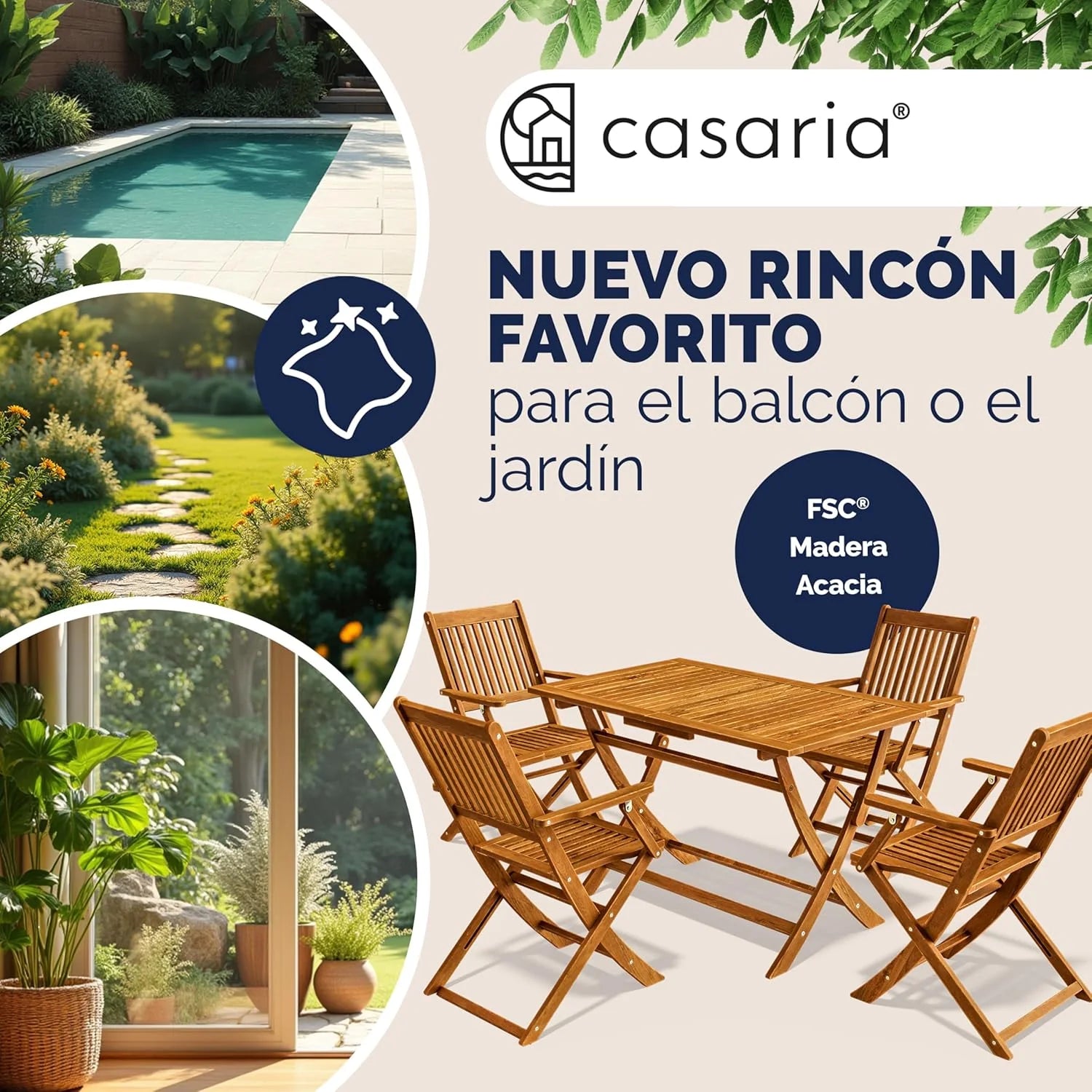 CASARIA® FSC® Outdoor Garden Table Set of 4 Chairs Acacia Wood Dining Set Patio Terrace Balcony Set 5 Pieces Folding Table Seats Armrests Durable Weather Resistant 120 x 70 cm
