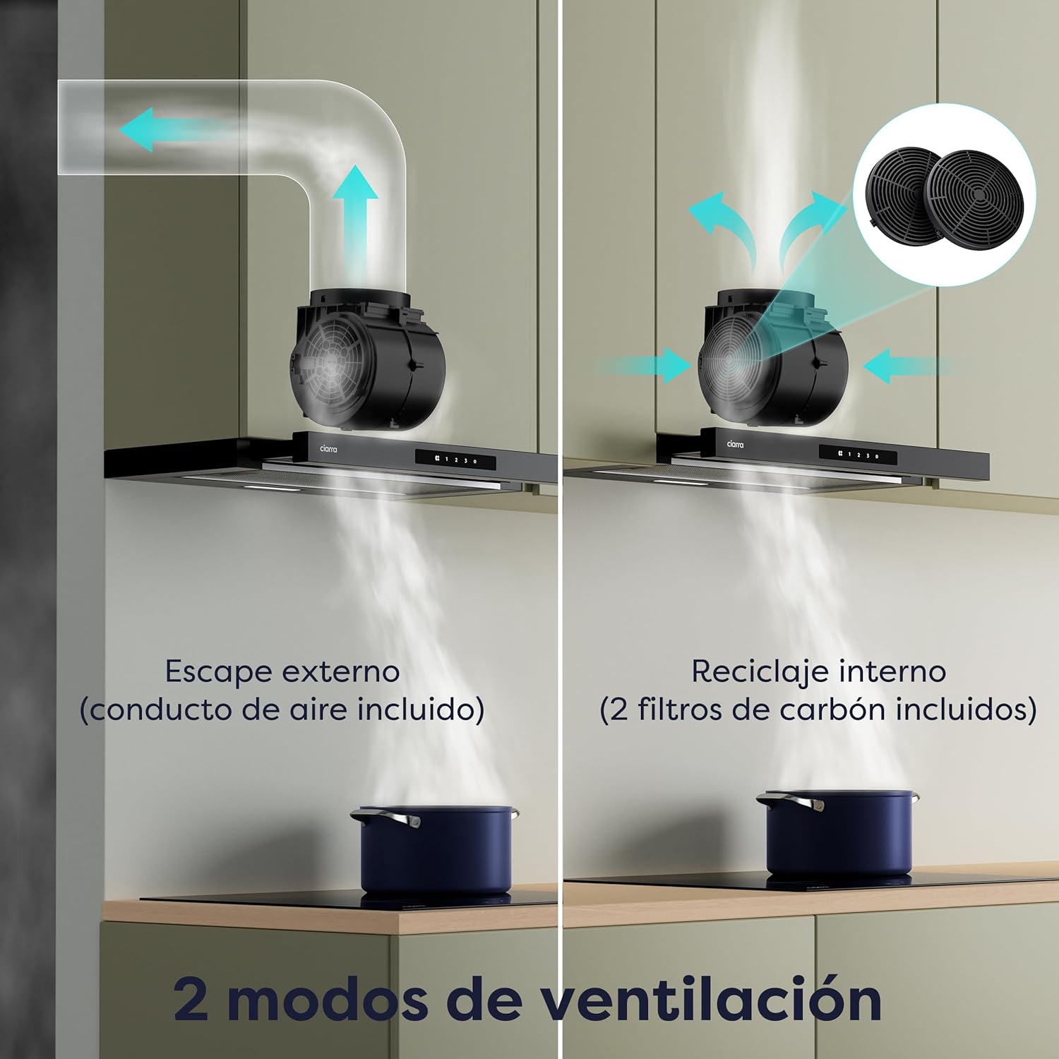 CIARRA CBCB6909A Campana Extractora Telescópica Negra Cocina 60 cm 600 m³ / h Clase A+ 3 Niveles Control Táctil Iluminación LED Filtro de Carbón CBCF055