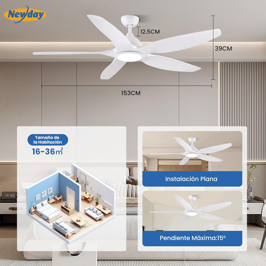 Newday 153cm Grande Ventilador de Techo Blanco con Luz y Mando a Distancia, LED Dimmer, Motor DC reversible para uso en verano e invierno, 5 aspas Silencioso para Dormitorio Sala de estar del Balcón
