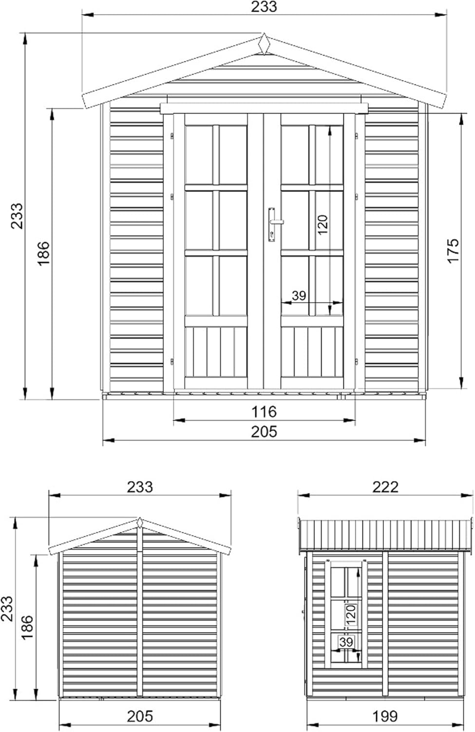 Caseta de Jardín de Madera con Tejas bituminosas Gris A233 x P222 x A233 cm, Oficina Caseta de Madera con Piso, Ventana, Puerta Doble, Cabaña de Jardín, Taller o Estudio de Jardín TIMBELA M351FB