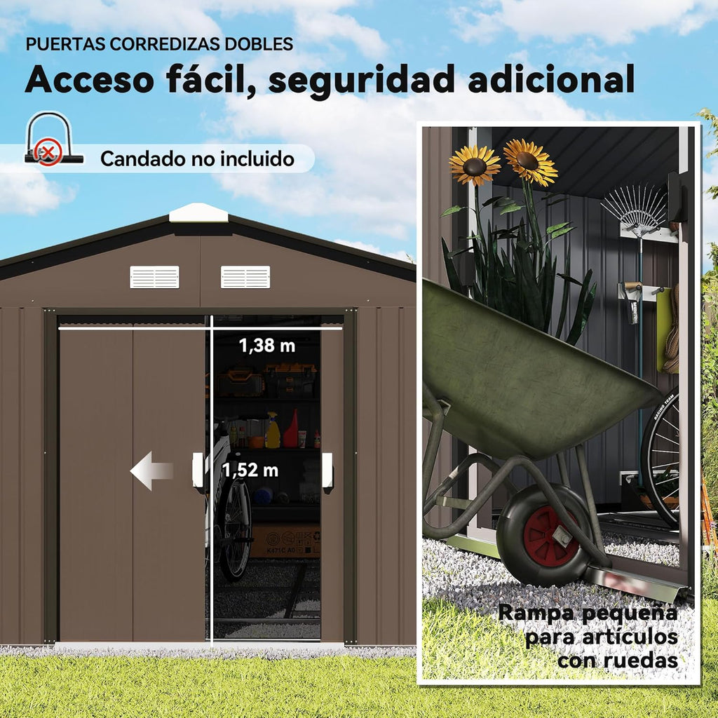 Outsunny Caseta de Jardín Exterior, 12,4 m² 340x386x200 cm, Cobertizo de Jardín Exterior Metálico con Techo de Fibra de Vidrio, Puerta Corredera, Base Refuerzo (Suelo NO Incluido) y Ventanas Marrón