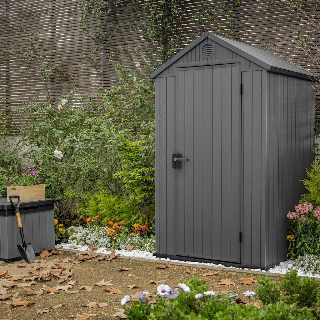 KETER Darwin 4x4 Caseta de jardín, 125.8 x 117 x 205 cm y 1.4 m2, Suelo, Sistema de ventilación, Puerta y Ventana, Resistente al Agua, Color Gris