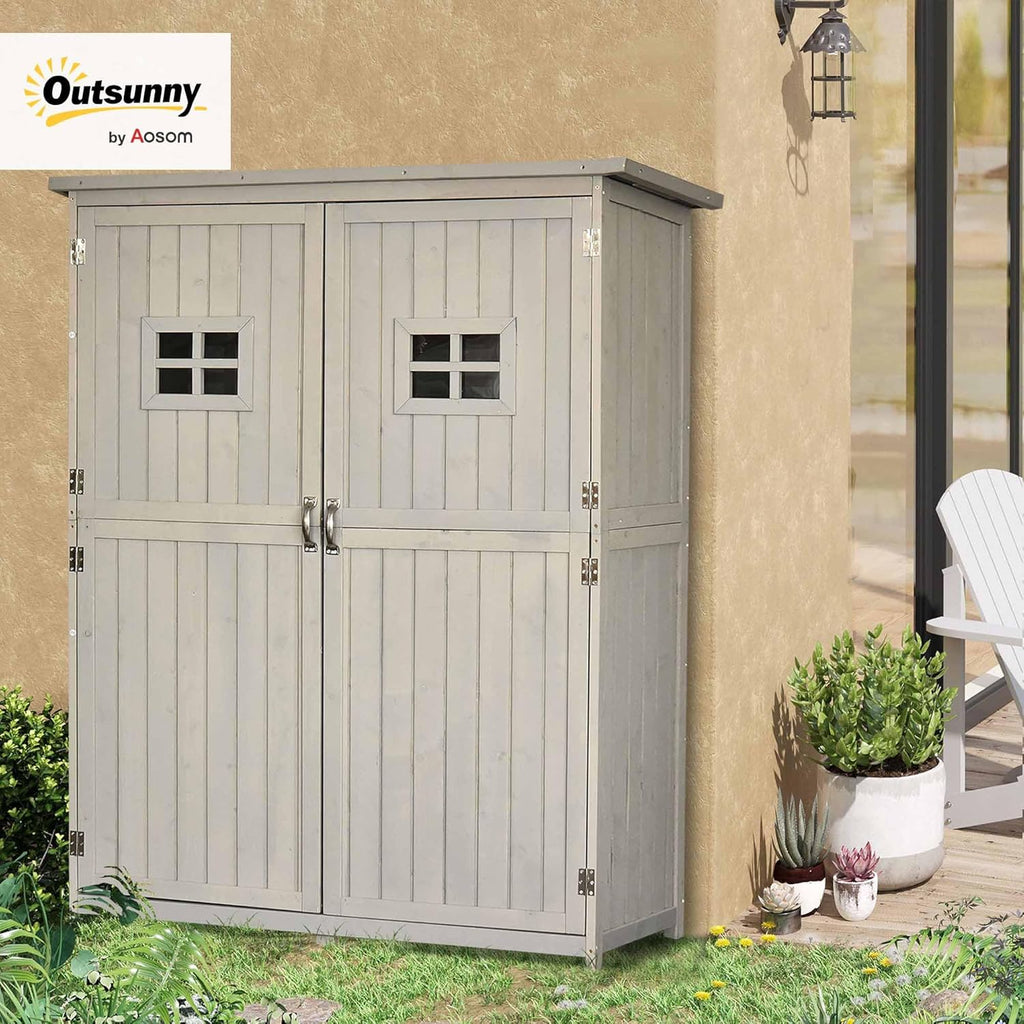 Outsunny Cobertizo de Madera Caseta Exterior Armario Herramientas de Jardinería Doble Puertas Techo Impermeable Compartimientos de Diferentes Tamaños 127.5x50x164cm Madera Maciza