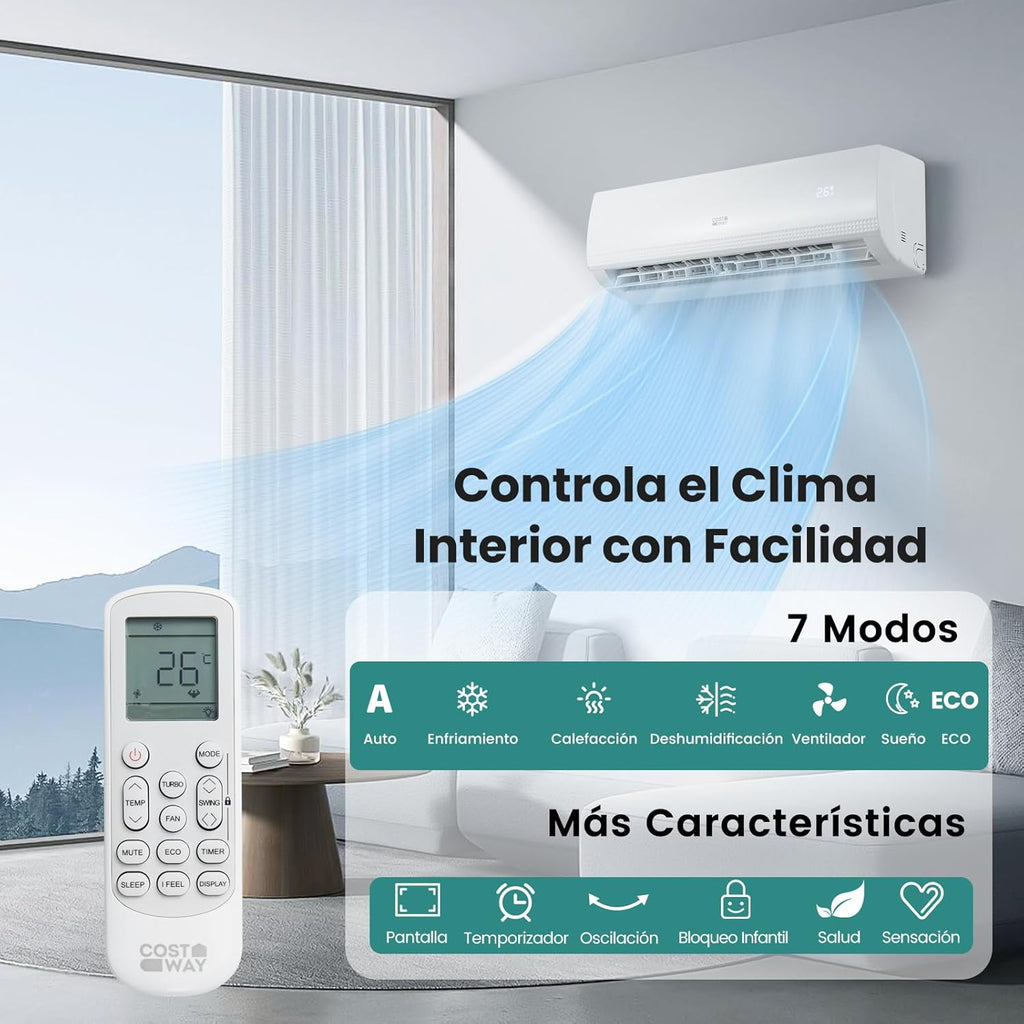 COSTWAY Aire Acondicionado Split, 2,6 kW, Aire Acondicionado con Calefacción con Bomba de Calor,Refrigerante: R32, Calefactor y Refrigerador con Kit de Instalación para Habitación hasta 70m³ (9000BTU)