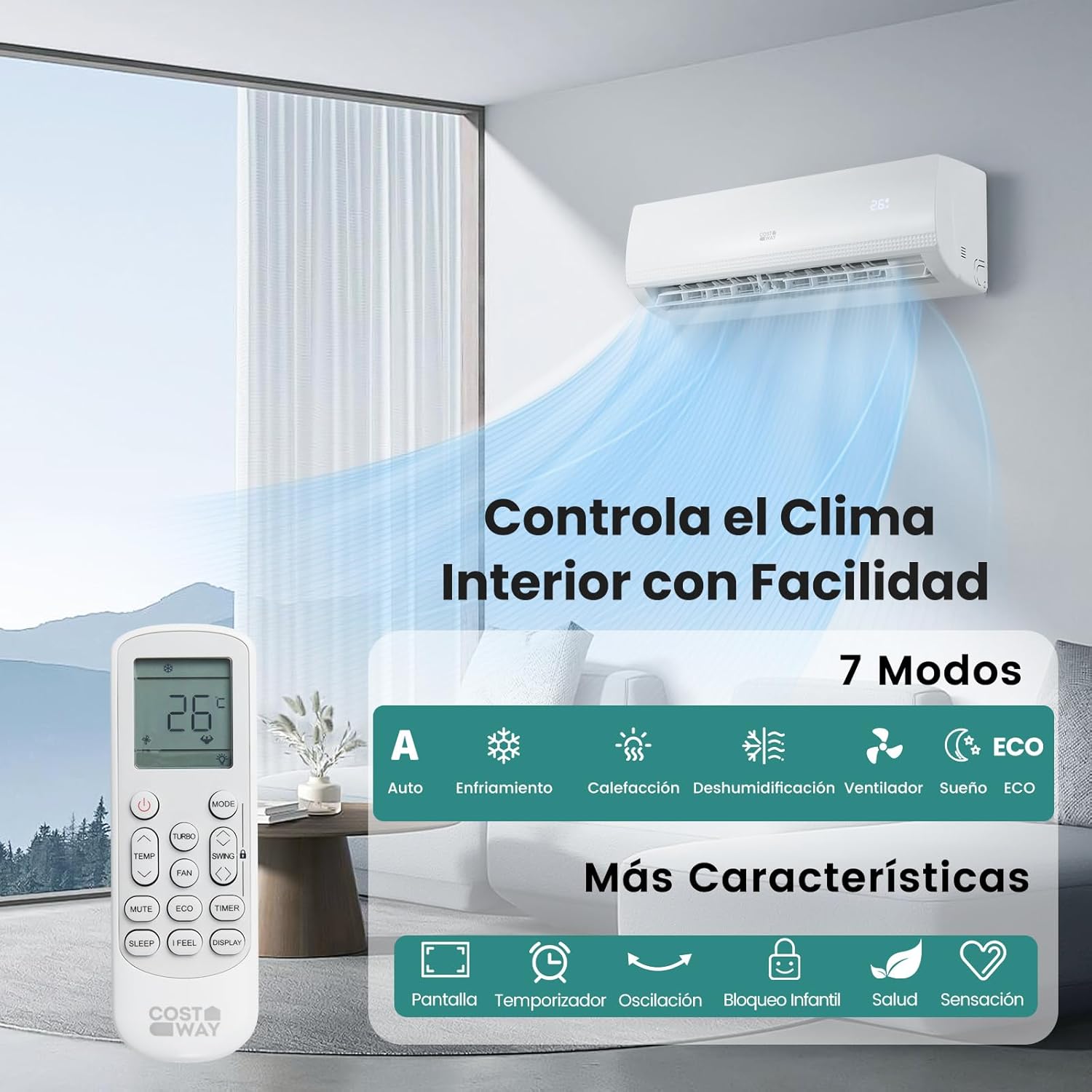 COSTWAY Aire Acondicionado Split, 2,6 kW, Aire Acondicionado con Calefacción con Bomba de Calor,Refrigerante: R32, Calefactor y Refrigerador con Kit de Instalación para Habitación hasta 70m³ (9000BTU)