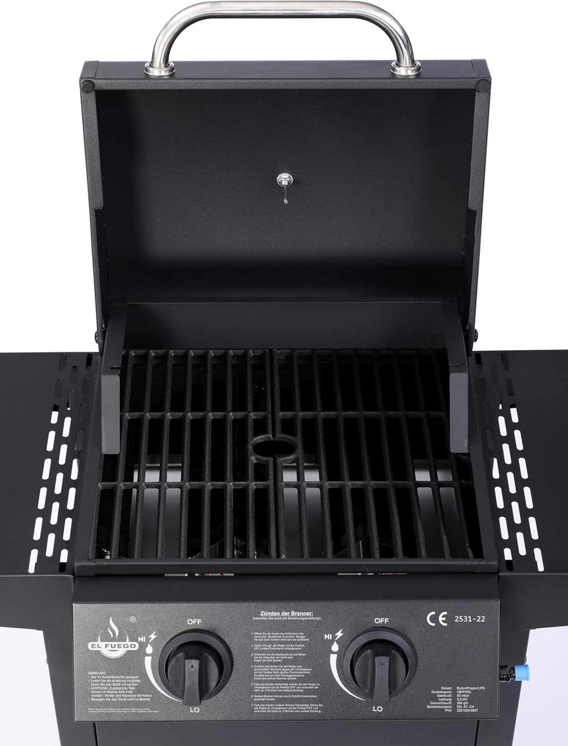 Grill gazowy "San Jose 2 palniki" firmy El Fuego®, w zestawie wąż gazowy i reduktor ciśnienia, ruszt do grillowania z żeliwa, z termometrem i dużymi półkami bocznymi, grill BBQ | AY0204