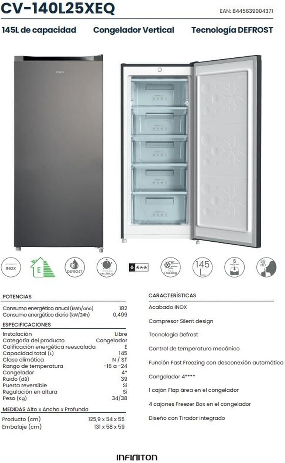 INFINITON Congelador Vertical CV-140L25XEQ, 145 Litros, E, Función Fast Freezing, Congelador 4****, cajón Flap, Tirador integrado, Puerta reversible, Inox