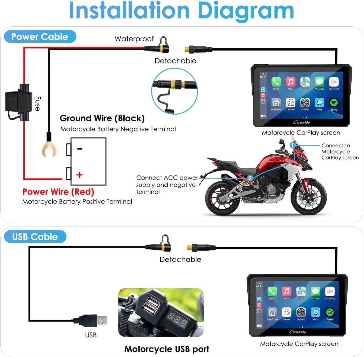 Carpuride W702 Pro Motocicleta Pantalla Carplay con Intercomunicador Función, Inalámbrico CarPlay y Android Auto, Portátil 7 Pulgadas Impermeable Pantalla Táctil, Dual Bluetooth, Navegación, Brújula.