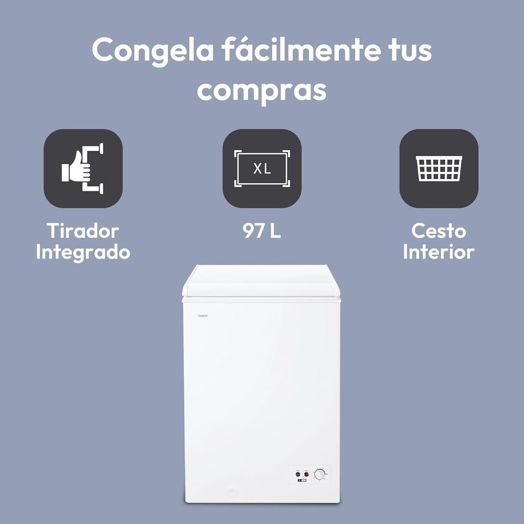 Candy CCHH 100E, Congelador Arcón Horizontal, Ancho 55CM, 97L, Tecnología Estática, 1 Cesto, Control Electrónico Externo, Indicador de Temperatura, Alarma Aumento de Temperatura, 39DB, Blanco