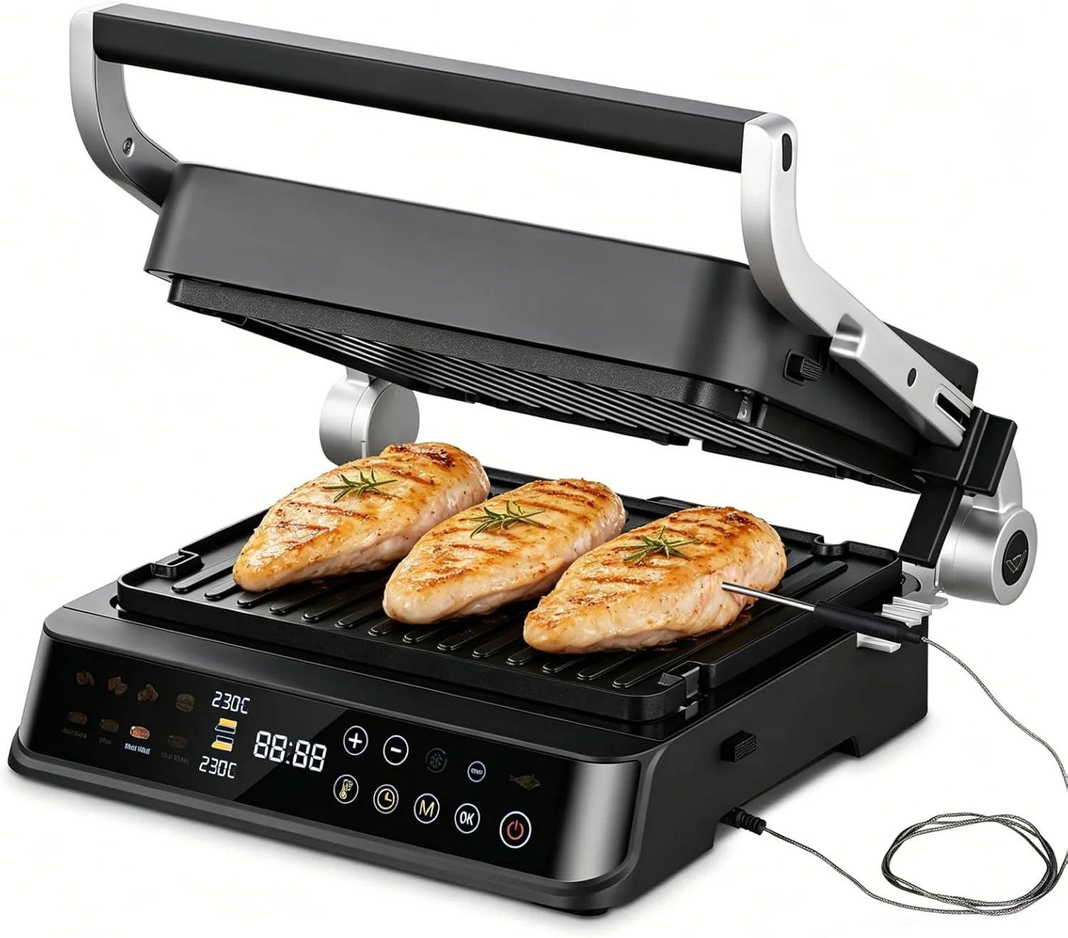 AMZCHEF Parrilla Eléctrica con 6 Programas, Función Sear hasta 280°C, Modo Manual, Sensor de Temperatura, Placas Desmontables y Bandeja para Gofres, Ideal para Carne, Pescado, Paninis y Gofres