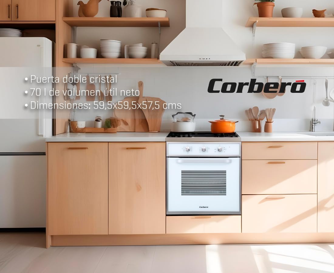Corberó - Horno convección 70L | CCHM603W | 60x60x58 cm |Convencional con 4 Programas | Luz Interior | Limpieza Hidrólisis | Puerta Doble Cristal | 2100W | Blanco perfil Inox