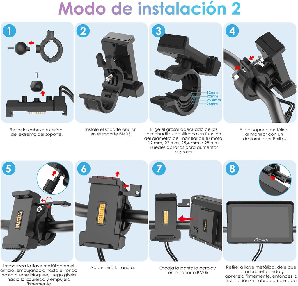 CARPURIDE W702S Pro Motocicleta CarPlay Pantalla con BM05 Soporte para Conectar y Usar, Inalámbrico CarPlay y Android Auto, 7" Impermeable Táctilpantalla, Dual Bluetooth, Control con Cable, Brújula.
