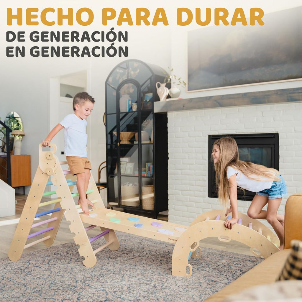 9en1 Montessori triangulo pikler Grande de 1 a 7+ años, 5 ángulos Ajustables, Parque Infantil Exterior y Interior en Madera para la Escalada con Arco pikler y rampa Pickler para niños