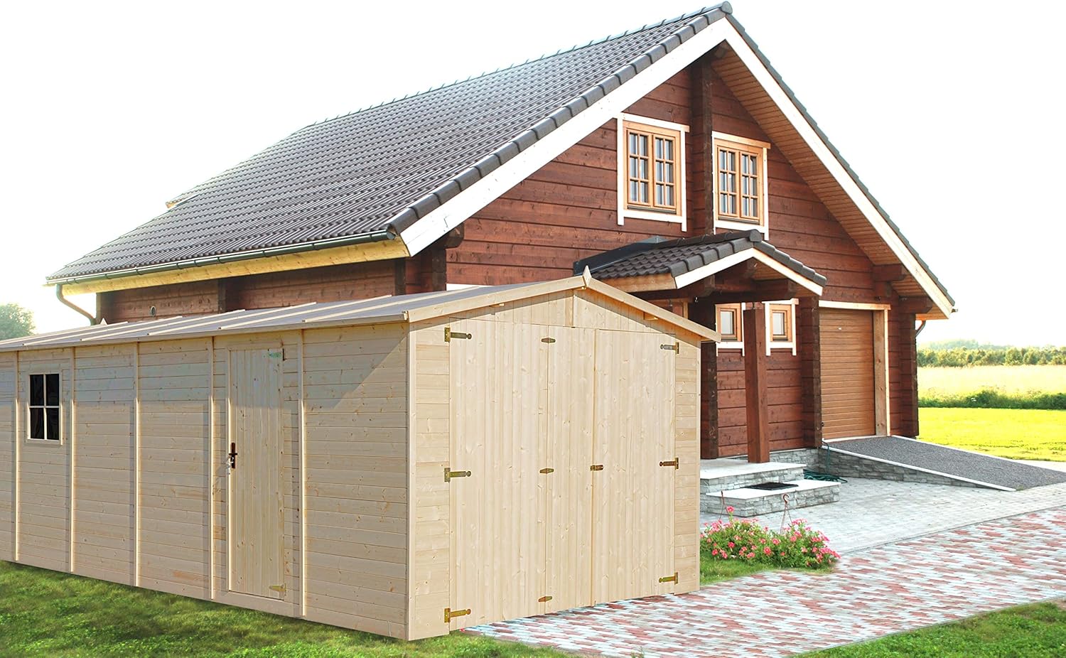 Garaje de Madera Natural - cobertizo en Pino/Abeto - A222x616x324 cm / 18 m² - Construcción Paneles - Taller de jardinería - Almacén de automóviles, cobertizo para Herramientas-TIMBELA M102