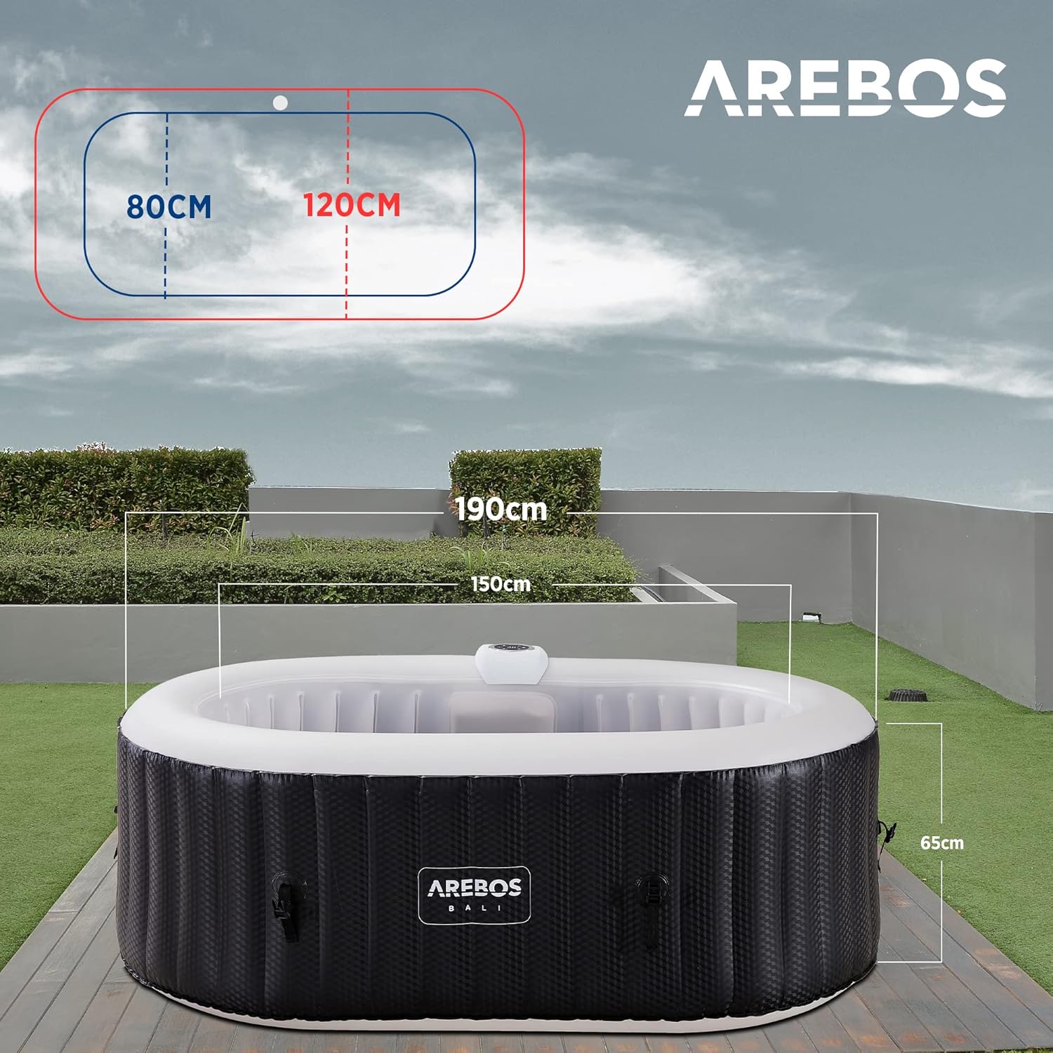 Arebos Bañera de hidromasaje con iluminación LED | SPA Hinchable | Interior y Exterior | 190x120 cm Ovalada | 2 Personas | 90 chorros de Masaje | con calefacción | 550 litros | Incl. Cubierta