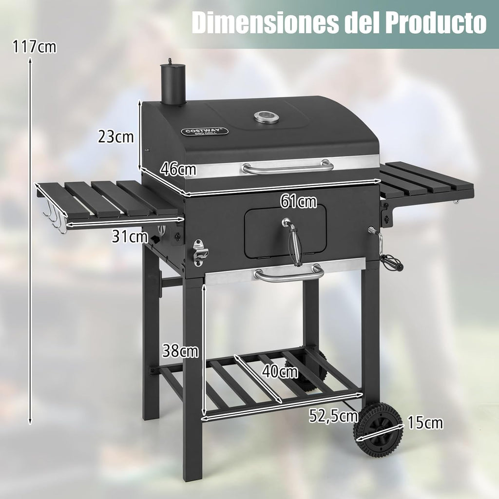COSTWAY Barbacoa Carbon XXL, Barbacoa Portatil 128 x 54x 117 cm, Tapa, Termómetro, 2 Mesas Laterales Plegables, 8 Ganchos, 2 Ruedas y Abridor de Botellas