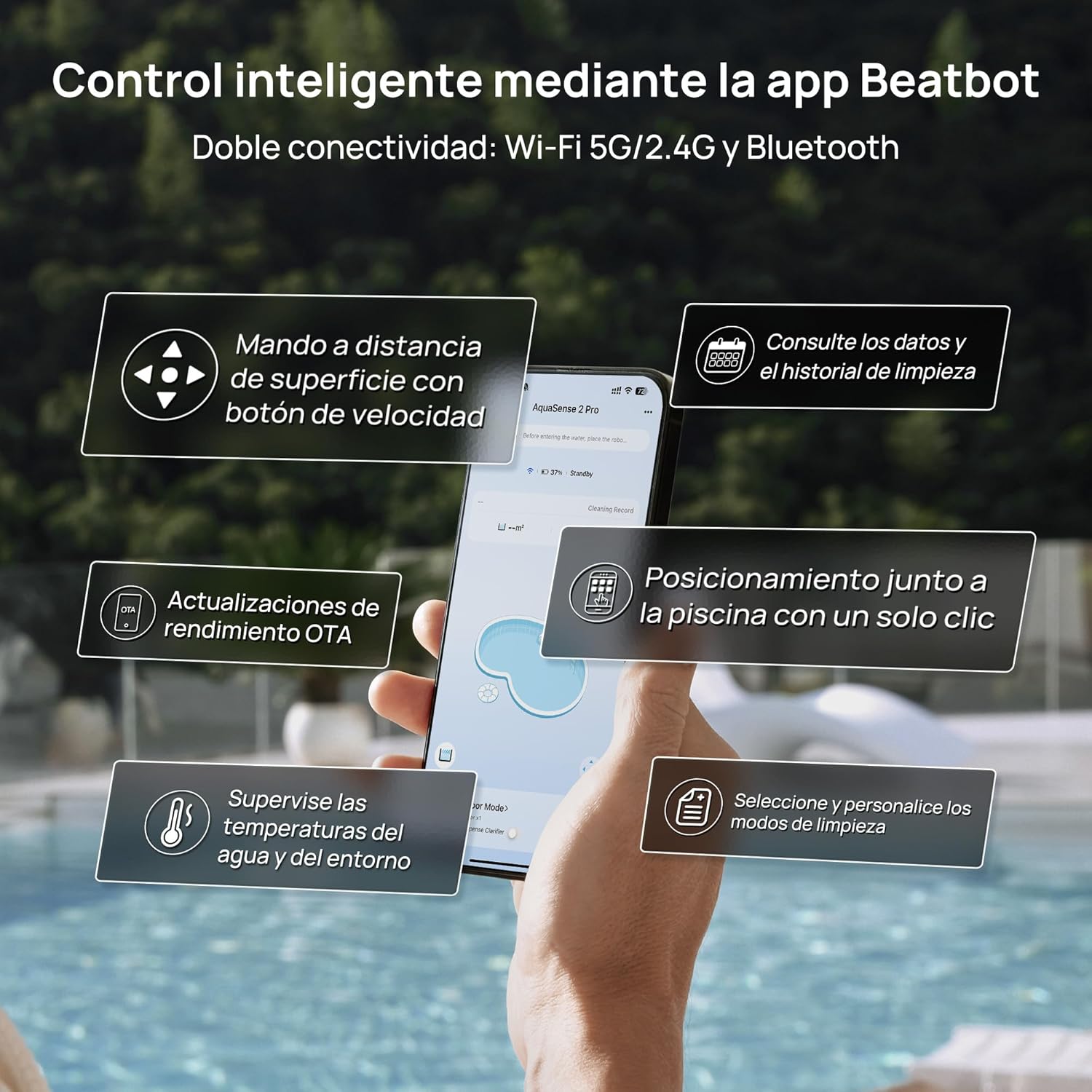 Beatbot AquaSense 2 Pro - Robot Aspirador para Piscina, Limpieza 5 en 2 inigualable, Elimina la Superficie del Agua con navegación remota, estacionamiento de Superficie, aclara el Agua, para Piscinas