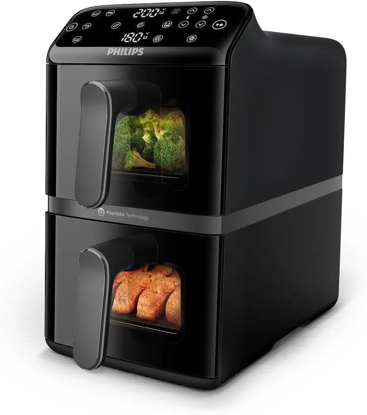 Philips Airfryer Series 4000 Double Vertical Basket 10L – RapidAir Technology, Sync, 2 Baskets at Once, 45% Less Space, PFAS Free Ceramic Coating, Viewing Windows (NA460/00)
