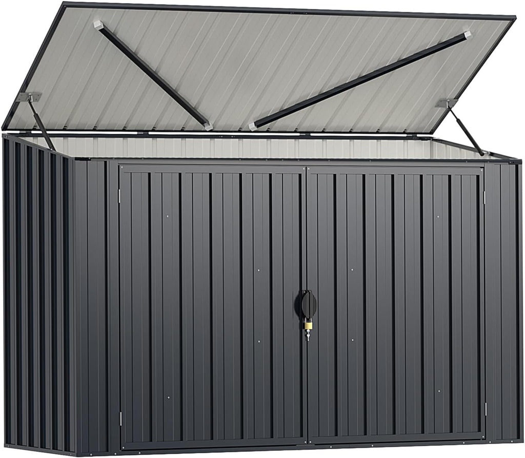 GOPLUS 1,9 m³ Caseta de Jardín de Acero Galvanizado, 193 x 86 x 127 cm, Cobertizo Exterior con Doble Puerta con Cerraduras, Palanca Hidráulica, Casa para Herramientas, Bicicletas, Cubos de Basura