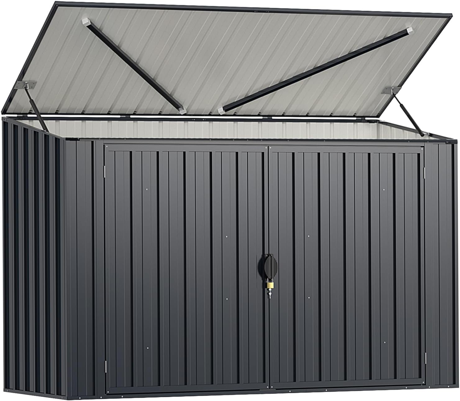 GOPLUS 1,9 m³ Caseta de Jardín de Acero Galvanizado, 193 x 86 x 127 cm, Cobertizo Exterior con Doble Puerta con Cerraduras, Palanca Hidráulica, Casa para Herramientas, Bicicletas, Cubos de Basura