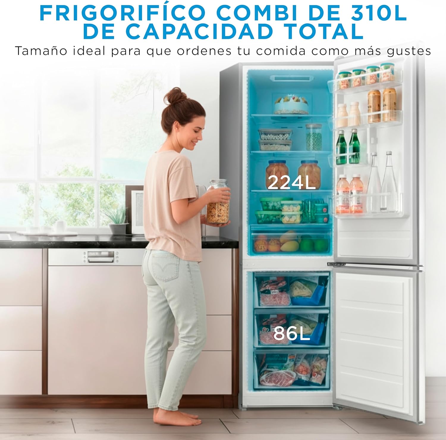 Midea Frigorífico Combi No Frost | 60 cm ancho x 188 alto cm | Inox | Nevera libre instalación 224 L + 86 L Congelador - Refrigerador de bajo consumo con congelador vertical