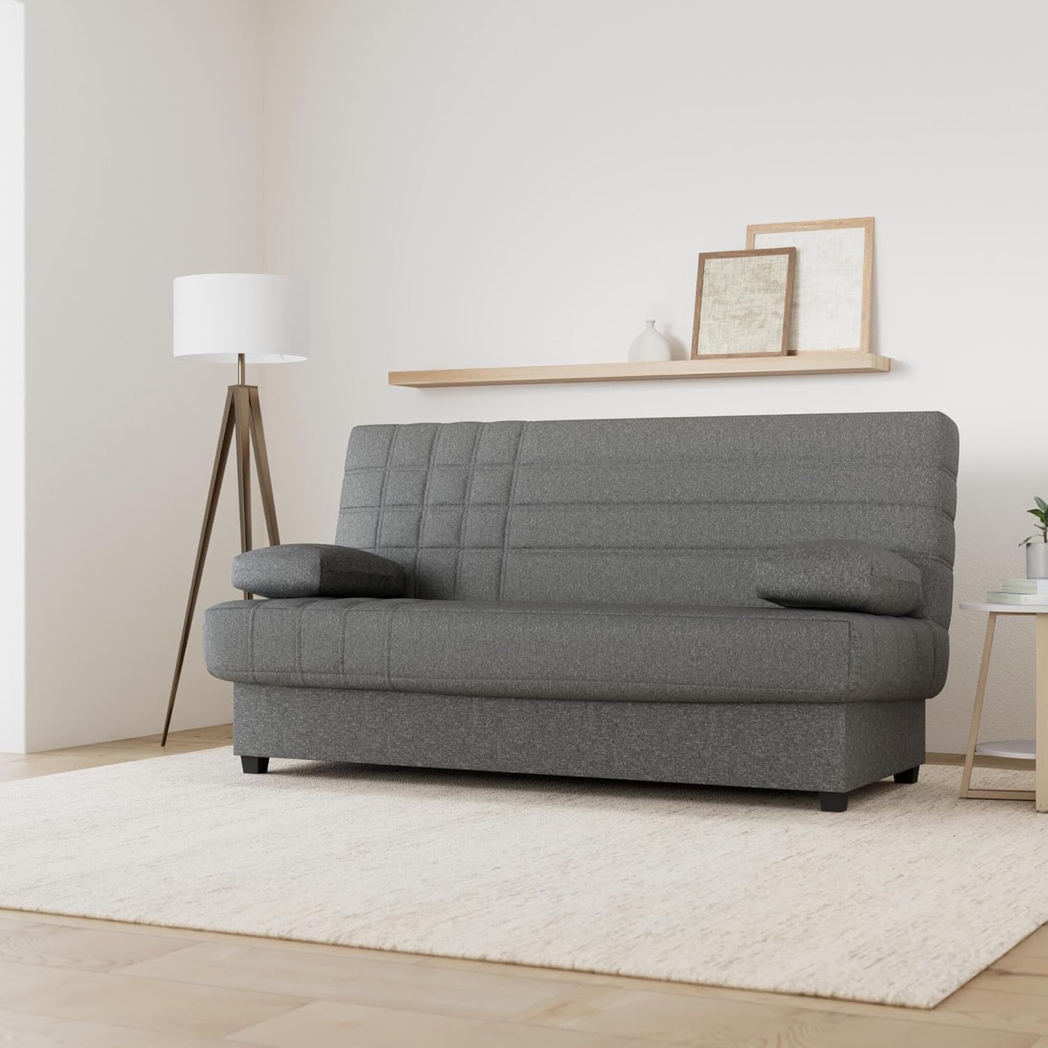 SHIITO - Sofá Cama de 3 Plazas con Arcón Interior - 100 x 193 x 100 cm - Modelo Romeo - con Apertura Clic-Clac - Incluye 2 Cojines - Color Gris Oscuro