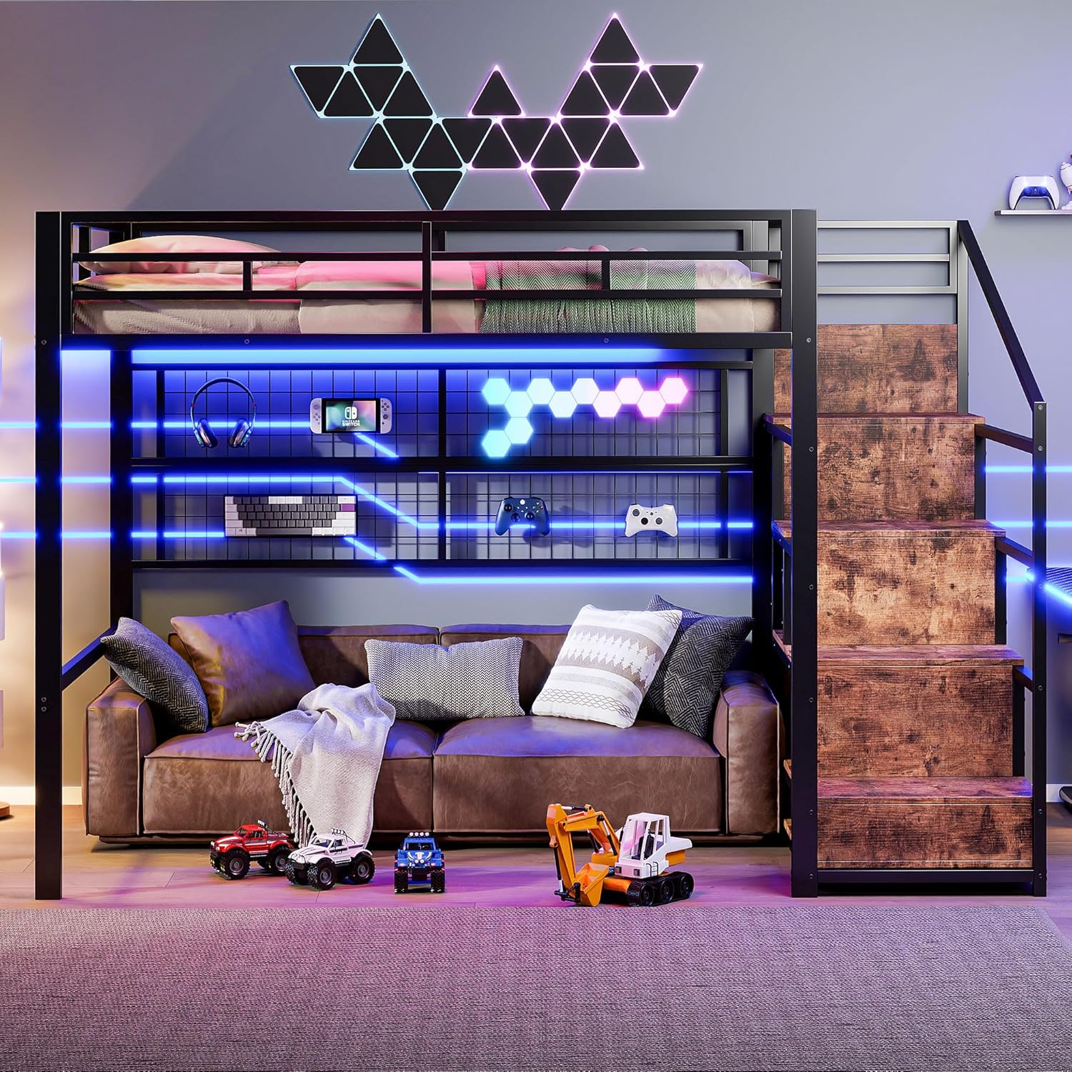 Cama alta (140 x 200 cm), marco de hierro, armario, escalera de almacenamiento, rejilla para colgar objetos, espacio libre debajo de la cama, luces LED de 7 colores, sin colchón, color negro