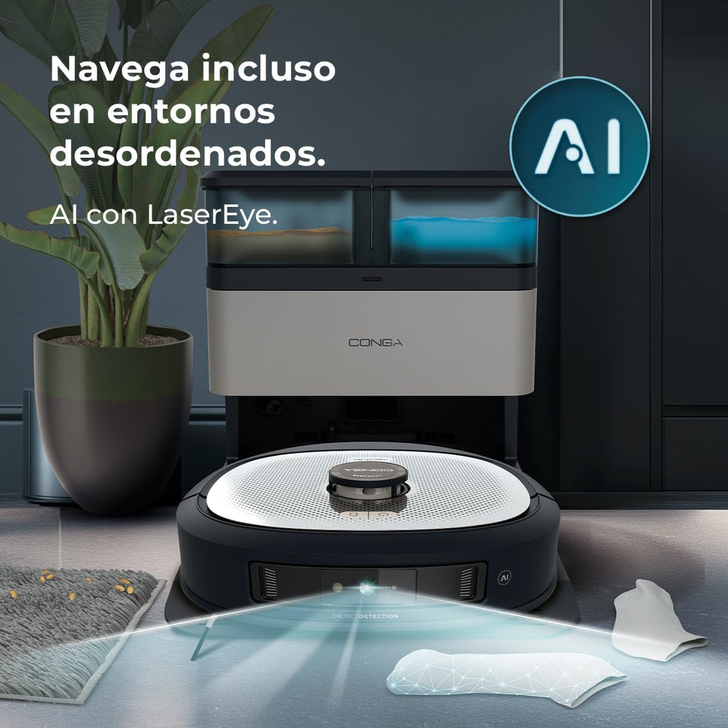 Cecotec Robot Aspirador y Friegasuelos con IA, Base Autovaciado y Tecnología Láser Conga Z100. 20000Pa, Fregado Profesional con Mopa Bimaterial XXL, Autovaciado Polvo, Agua y Limpieza de Mopas, App