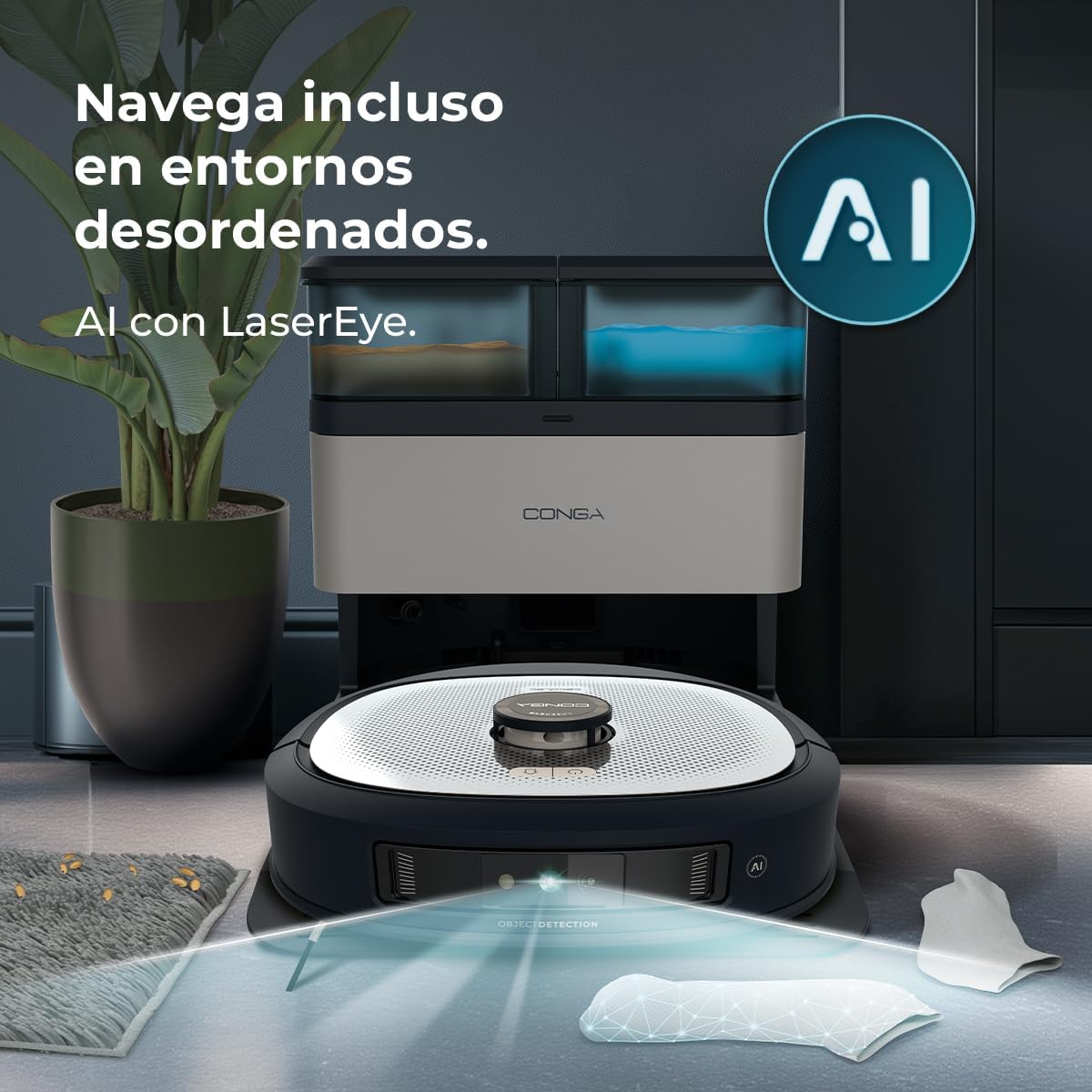 Cecotec Robot Aspirador y Friegasuelos con IA, Base Autovaciado y Tecnología Láser Conga Z100. 20000Pa, Fregado Profesional con Mopa Bimaterial XXL, Autovaciado Polvo, Agua y Limpieza de Mopas, App