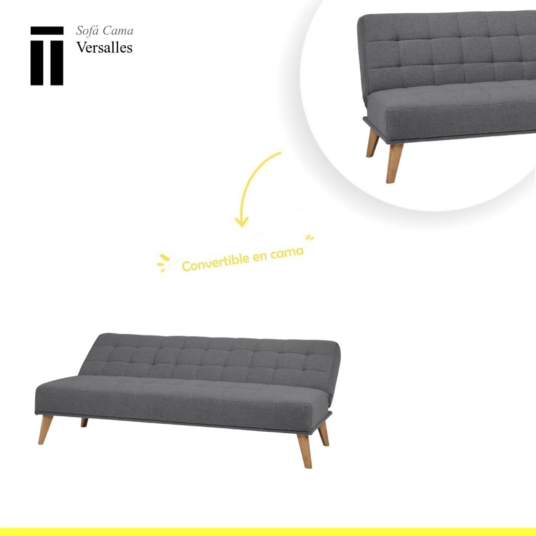 SHIITO | Modelo Versalles - Sofá Cama con Apertura Clic-Clac | Donde la Elegancia y el Confort se encuentran | Diseño Capitoné en Color Gris | 189.5 x 88 x 89 cm