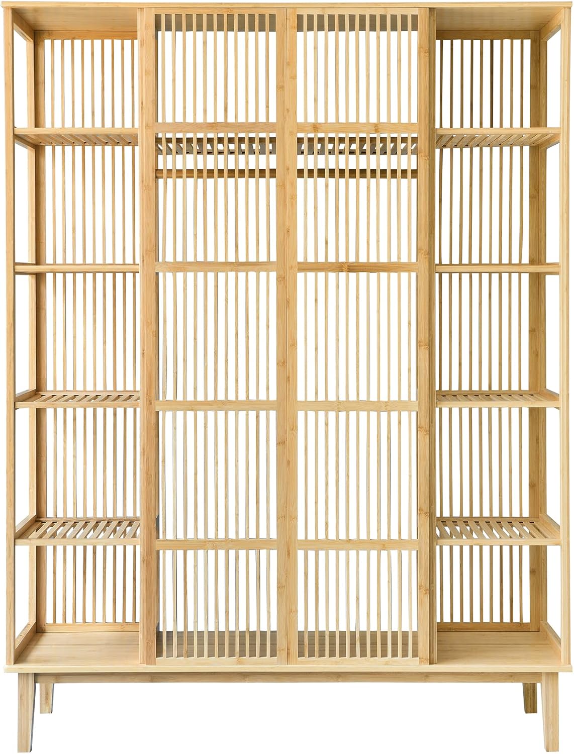 [en.casa] Armario para Ropa con 2 Puertas Deslizantes Clóset con 12 Estantes y 1 Barra de Colgar Perchero de Bambú 185 x 140 x 45 cm Natural
