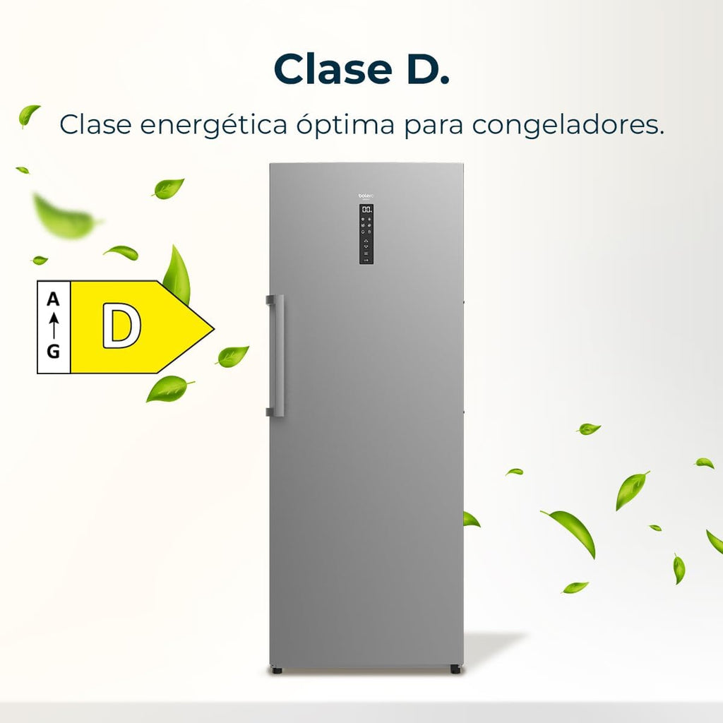 Cecotec Congelador Vertical de 380L Bolero CoolMarket UF 380 inox D. 1950W, Motor Inverter Plus, Bajo Consumo, Total No Frost, Display door, Convertible a frigorífico, Multi Airflow