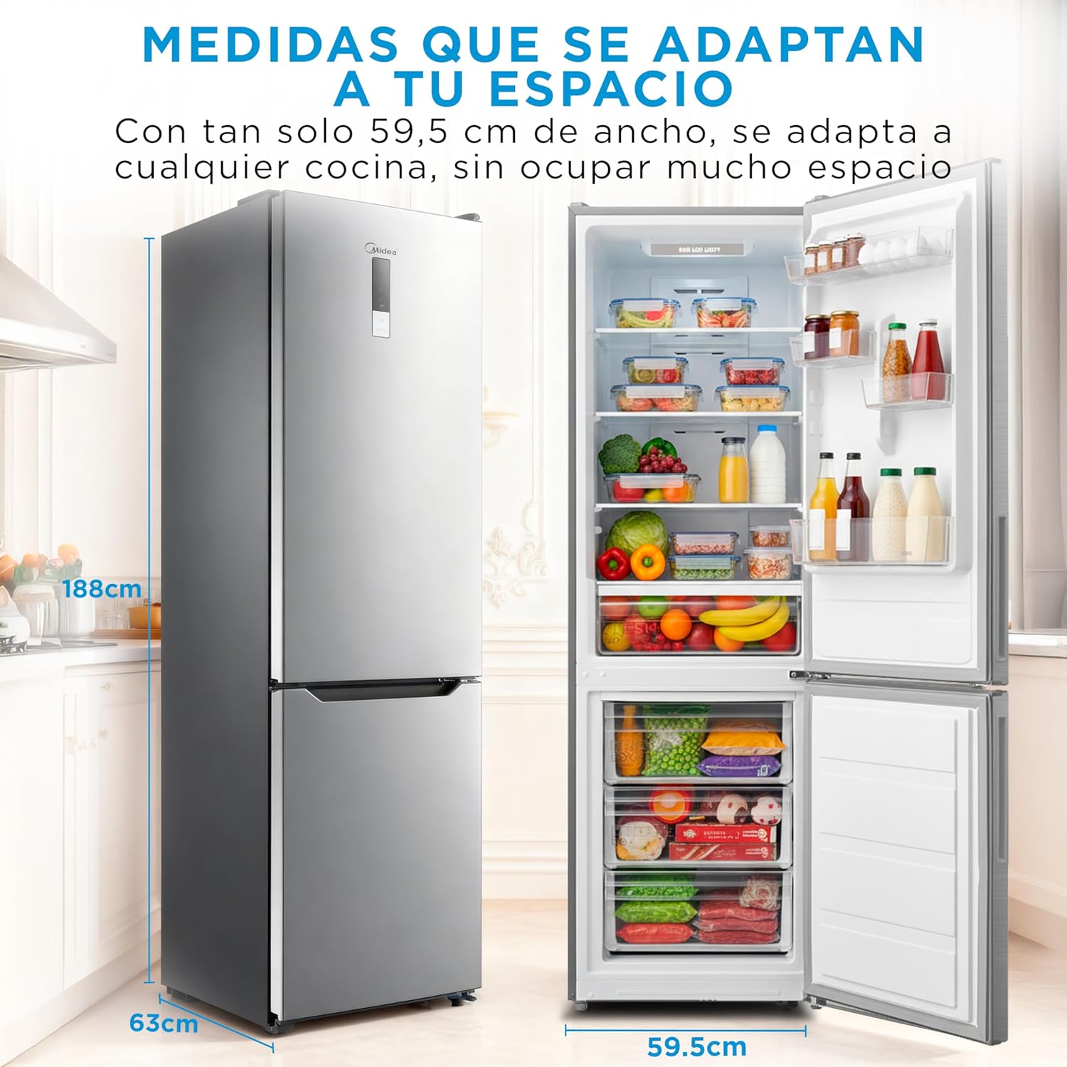 Midea Frigorífico Combi No Frost | 60 cm ancho x 188 alto cm | Inox | Nevera libre instalación 224 L + 86 L Congelador - Refrigerador de bajo consumo con congelador vertical