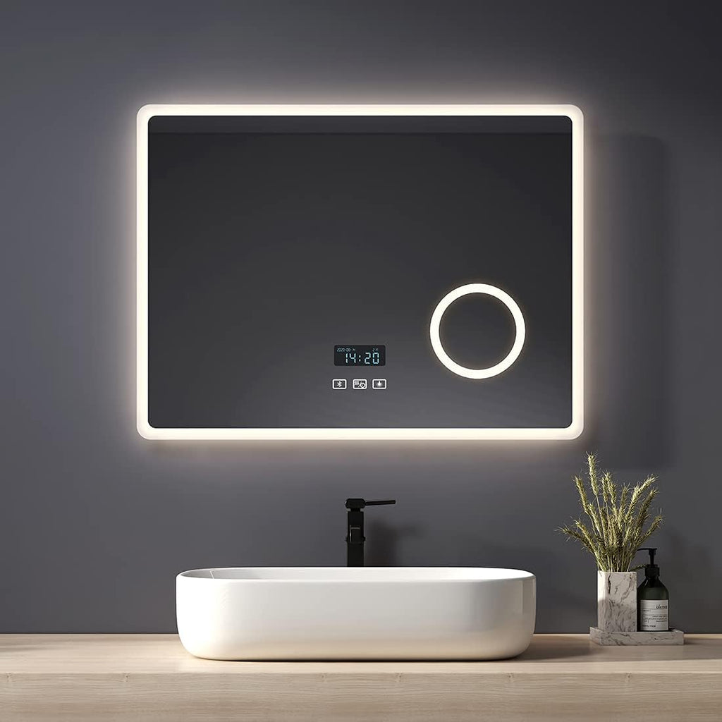 Heilmetz Espejo de baño Iluminado por LED con Lupa 3X, 80 x 60 cm, con Interruptor táctil y función antivaho, Reloj y Bluetooth, Regulable, Tres Colores, Tipo13