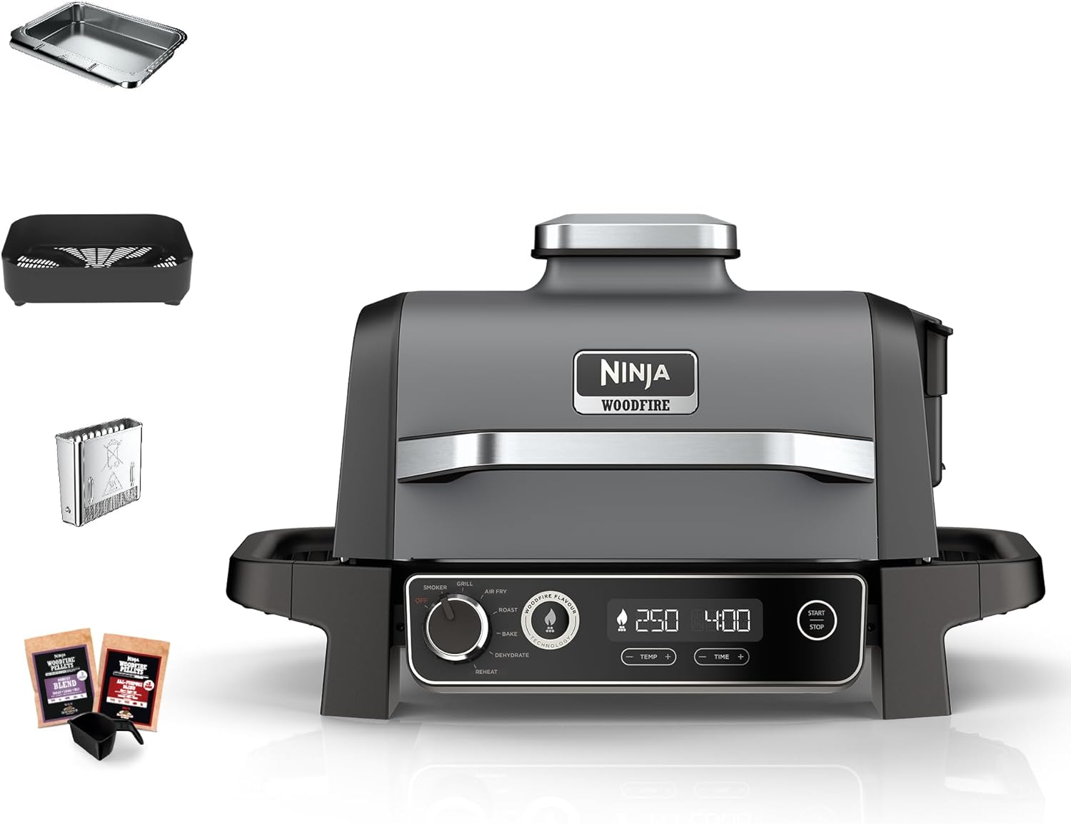 Ninja Woodfire Pro Connect XL Grill elektryczny BBQ I wędzarnia ze sterowaniem za pomocą aplikacji, 2 cyfrowymi sondami, dużym grillem zewnętrznym i smażeniem beztłuszczowym 7 w 1, OG901EUAMZ