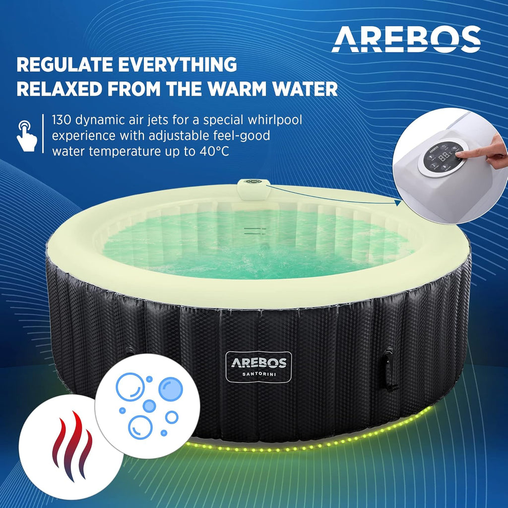 Arebos SPA Hinchable | Inflable automático | para Interior y Exterior | ⌀ 208 cm | 6 Personas | Banda Luminosa LED | 130 boquillas de Masaje | 1000 L | Incluye Cubierta | Bubble SPA & Wellness Masaje