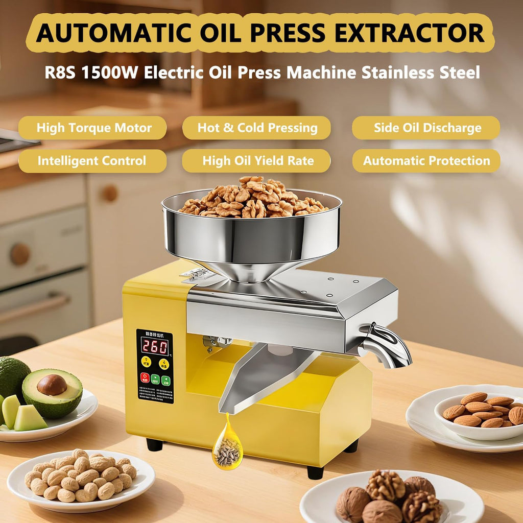 Prensa de Aceite Eléctrica Automática 1500W | Extractor de Aceite de Acero Inoxidable a Frío y Calor | Para Huesos de aceituna,Nueces,Sésamo,Coco,Soja,Almendra|Control de Temperatura Inteligente