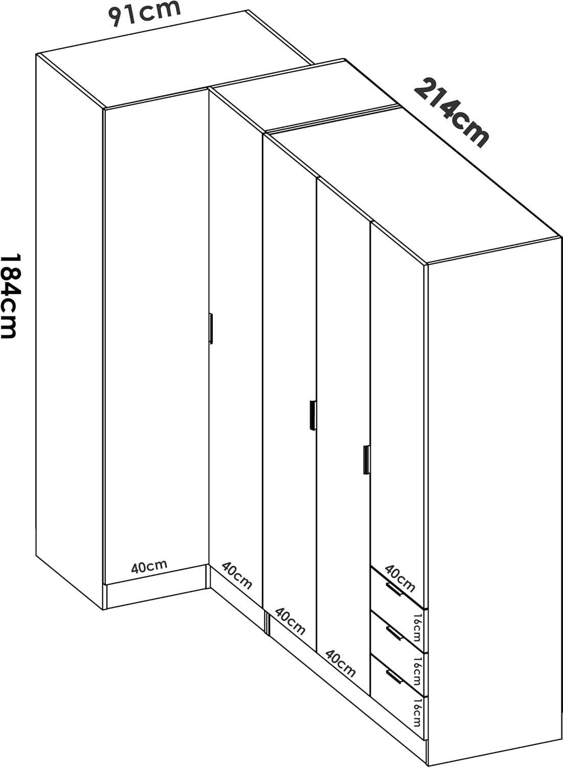 DEKIT GRUPO RIMOBEL Essen Armario de rincón con cajones - Roble Natural - 184 cm (Alto) x 91 cm (Ancho) x 214 cm (Prof.)