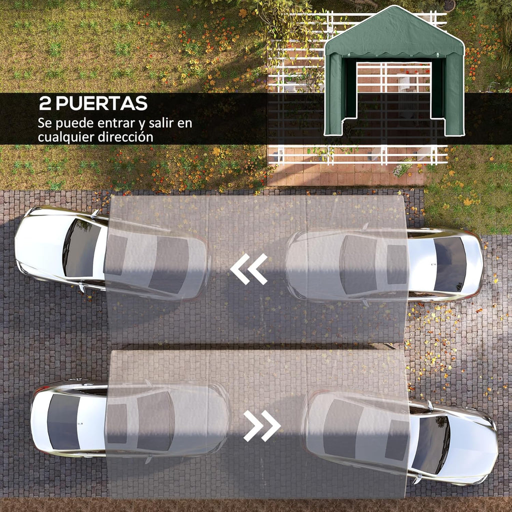 Outsunny Carpa Garaje 6x3 m Garaje Exterior para Coche Impermeable Garaje Portátil Anti-UV con Paredes Laterales Desmontables y 2 Puertas con Cremallera Verde