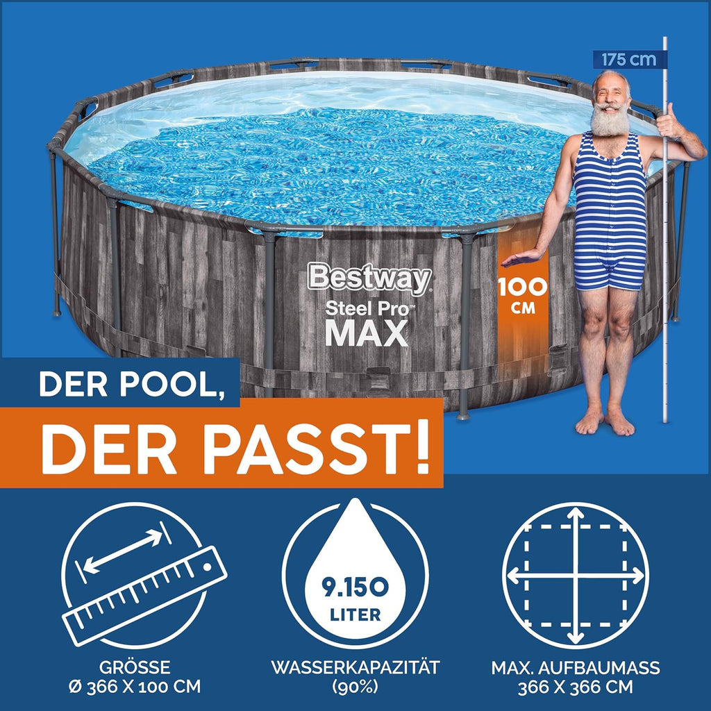 Bestway Steel Pro MAX Frame - Piscina Redonda (366 x 100 cm, Incluye Bomba de Filtro, Efecto Madera)