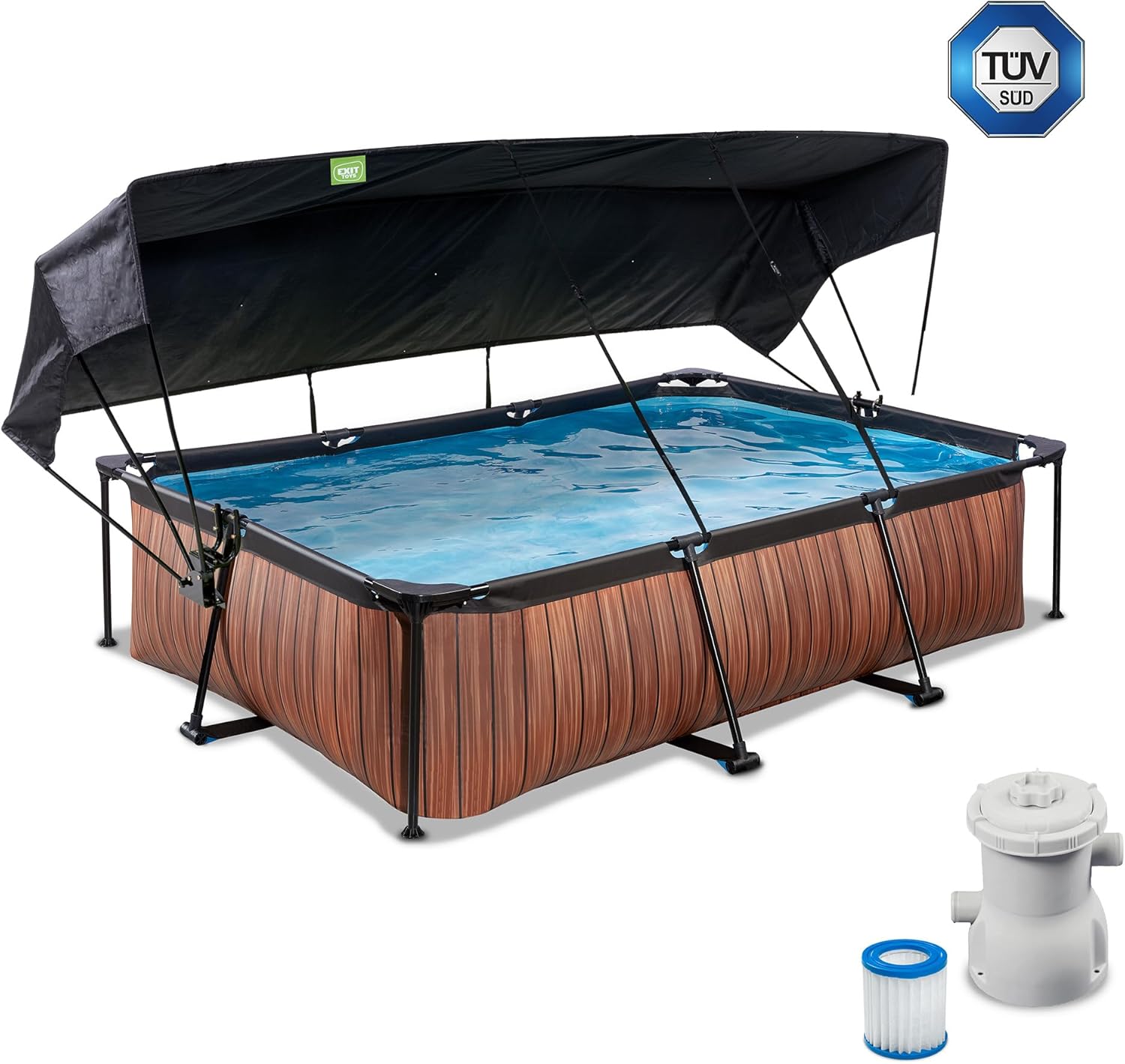 EXIT Toys Wood Pool con Toldo Solar - 300x200x65cm - Piscina de Marco Rectangular Compacta con Bomba de Filtro de Cartucho - Protección UV Óptima - Fácil Acceso - Diseño Único - Marrón
