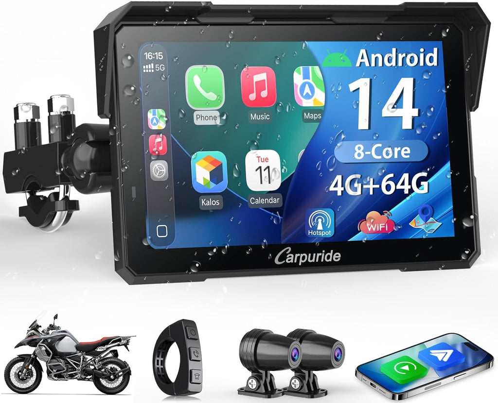 Carpuride W702 Plus Android 14 Motocicleta Carplay Pantalla con Doble Cámara, CarPlay y Android Auto Inalámbricos,7" Pantalla Táctil Impermeable, Audio BT,Grabación Bucle, Navegación Online y Offline.