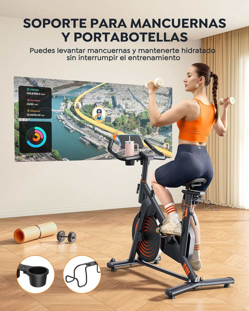 Bicicleta Eestática para Casa con APP, Bicicleta estatica Silenciosa con Resistencia Magnética 0-100%, Pantalla LED, Soporte para Mancuernas y Portavasos, Estructura Estable, MAX 160KG
