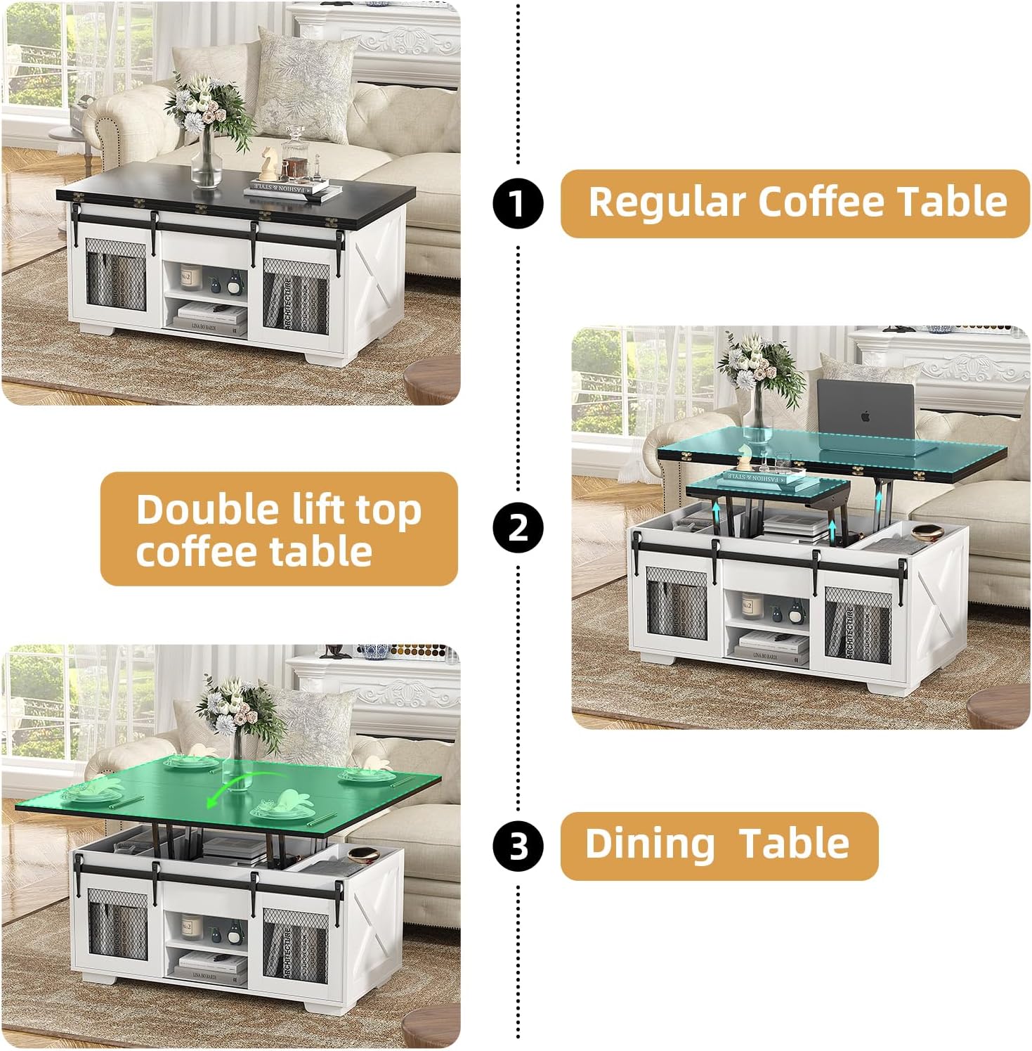 VOWNER Mesa de Centro Elevable, Mesa Extensible, Multifuncional 3 en 1 con Almacenamiento Oculto - Comedor, Convertible, Estilo Granja, Nogal