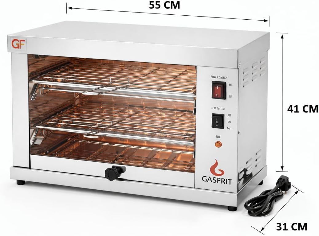 Tostador Eléctrico Industrial de Cuarzo 2 Plantas, 3000W, Acero Inoxidable, Parrilla y Bandeja Recogemigas Extraíbles, Uso Profesional Hostelería